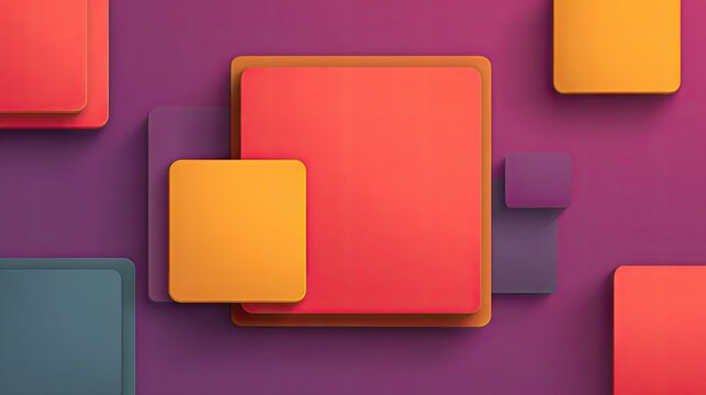 Colorful geometric shapes in vibrant hues floating on a bold purple background, representing modern design and creativity for art and decor usage.