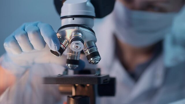 Scientist adjusting microscope lens in laboratory for precision research