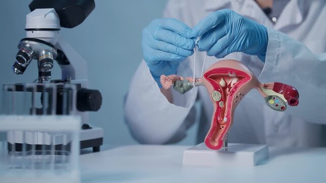 Doctor gynecologist ligates fallopian tubes on layout female reproductive system in medical lab, detection of cancer in women.