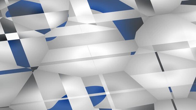 Abstract geometric pattern features overlapping white stripes and spheres with blue accents in a modern digital illustration.