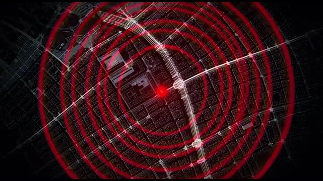 Concentric red rings expand rapidly from a central epicenter over a dark digital city street map, simulating seismic shockwaves during an earthquake disaster. A sense of urgent crisis and peril.
