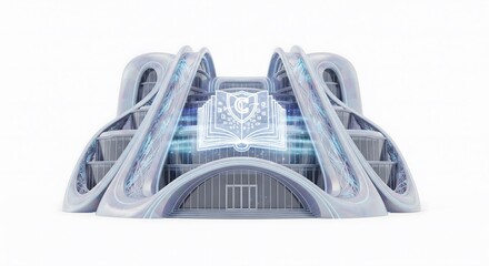 Futuristic library with glowing neon book logo and sleek architecture