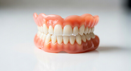 Fototapeta premium Denture with shiny white teeth on pink gums on white