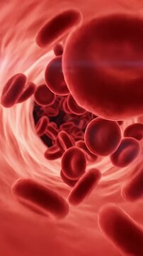 Close-up of red blood cells flowing through a vein in motion