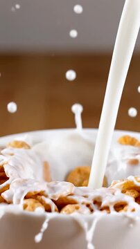 Splashing milk into cereal bowl with dynamic motion