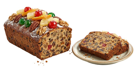 Rich Fruit Cake with Glazed Cherries, Pineapple and Walnuts Isolated on White Background, Delicious Homemade Christmas Cake with Sliced Piece on Plate, Traditional Gourmet Dessert Concept