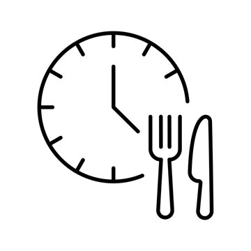 Lunch time icons. Time for eating. Editable stroke outline clock with knife and fork signs