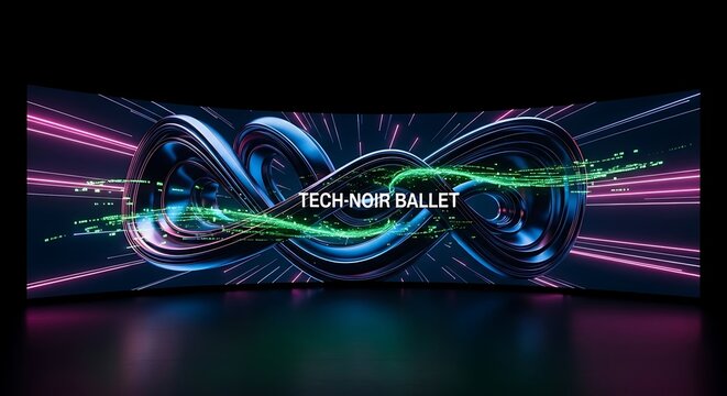 Abstract digital art performance on a curved LED screen with vibrant glowing light trails creating a dynamic and futuristic display