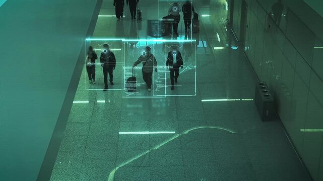 Interface of a video surveillance system that records the movement of people at the airport. Artificial intelligence scans and recognizes faces. Big data, artificial intelligence. CCTV.