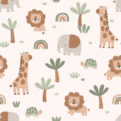 Fototapeta premium Neutral Cute Safari Animal Pattern with Giraffe, Lion and Elephant for Baby Nursery Fabric and Wallpaper Design
