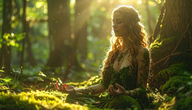 Woman Meditating in a Sunlit Enchanted Forest.
