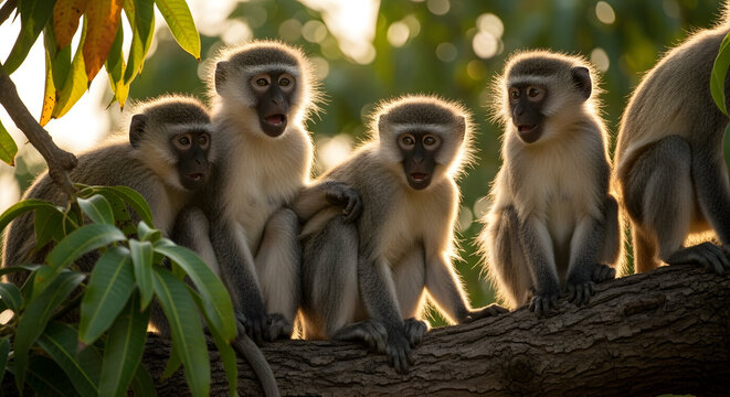 Sunlit Sentinels: Vervet Monkeys on a Branch
Clustered Watchers: Vervet Monkey Group Portrait
Morning Council: Vervet Troop at Daybreak
Branch Gathering: Vervet Monkeys in Warm Light
Social Perch: Ver