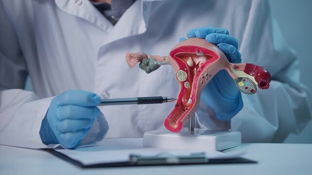 Doctor gynecologist Examining anatomical cervical model of human woman uterus for medical education and research of cancer.