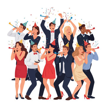 Group of People Celebrating Party with Noise Makers.