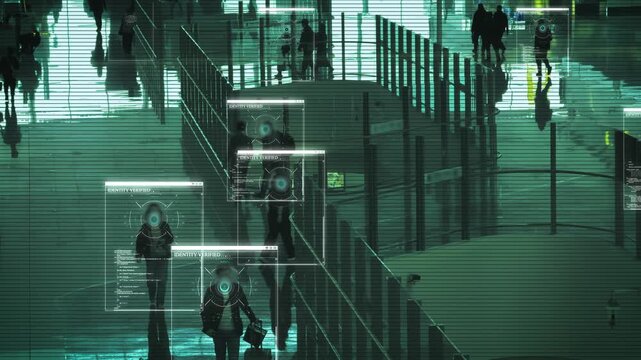 Screen of an autonomous video surveillance system that records the movement of people in a public place. Artificial intelligence scans and recognizes faces. Individual data tracking. 4k footage.