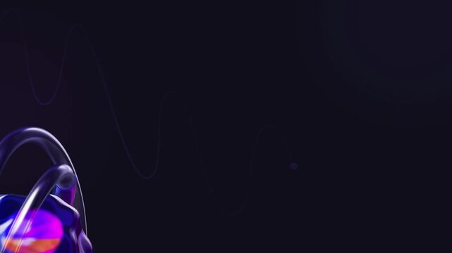 A partial view of a 3D glowing orb with wrapped rings in vibrant purple and blue colors against a dark background with fluid waveform lines creating depth