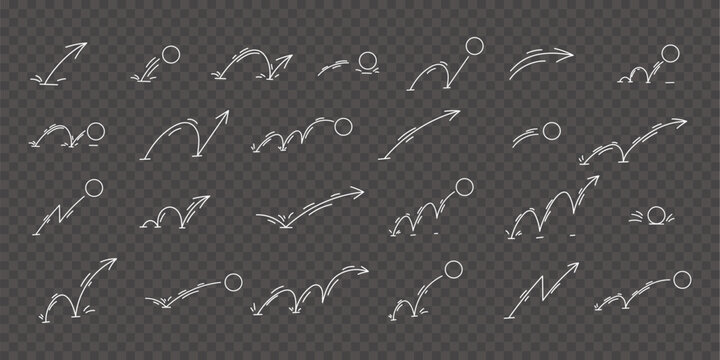 White bouncing ball path symbols with motion arrows on transparent background