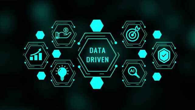 Data driven technology concept with bright cyan hexagonal network of for growth investment idea AI target security and data on dark background