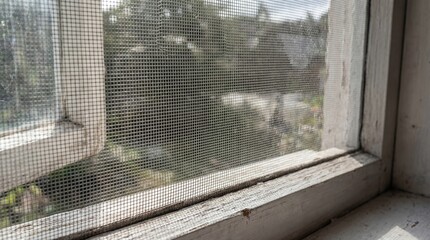 Close Up Of Old Window Screen With Peeling White Paint And Mesh Texture