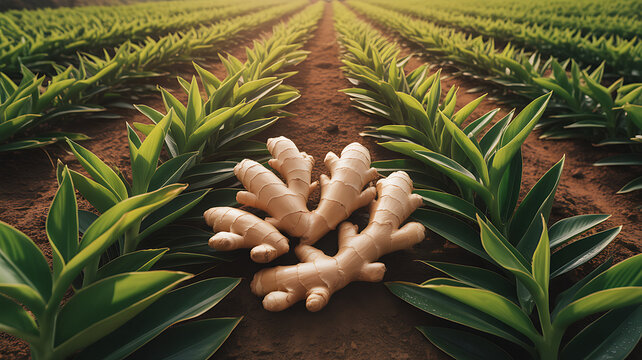 Fresh Ginger Root Lying on Soil in a Vibrant Sunlit Agricultural Field