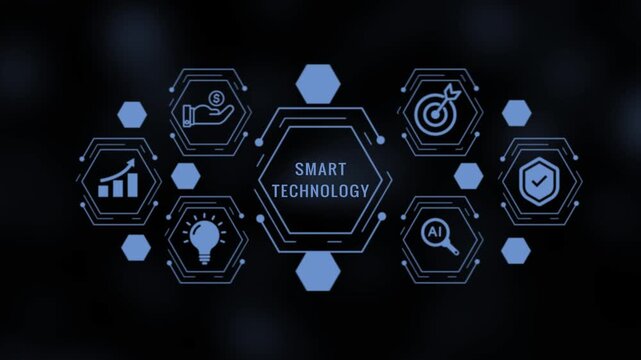 Futuristic digital infographic illustrating smart technology concepts with interconnected hexagonal nodes displaying for growth, investment, ideas, AI, security, and goals on a dark blurred