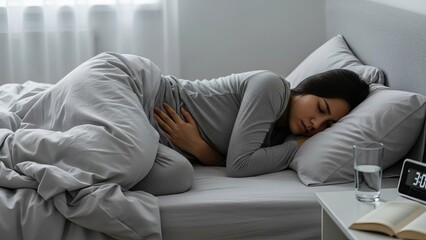 Woman sleeping in bed holding stomach while feeling abdominal pain or illness