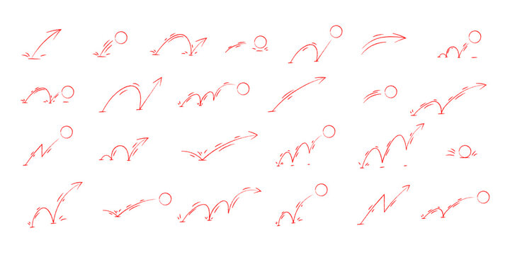Red bouncing ball vector icons with curved arrows and movement