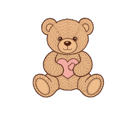 Obraz premium An endearing cartoon teddy bear lovingly holding a patched pink heart, symbolizing affection, comfort, and cherished childhood memories for heartwarming designs