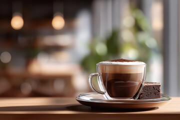 Obraz premium Transparent latte cup with brownie near coffee machine in modern coffee shop