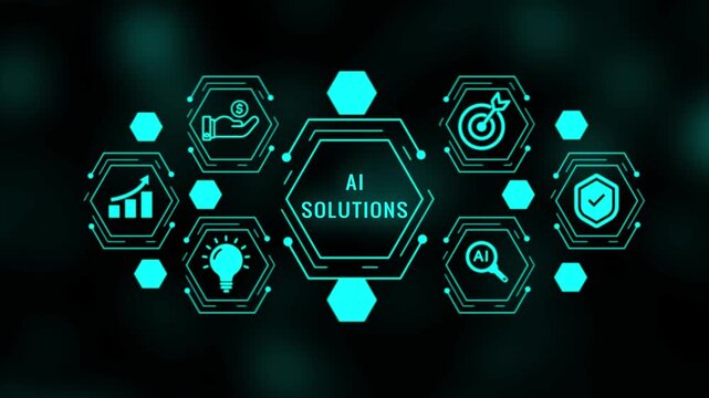 Cyan digital infographic showcasing AI solutions with a central hexagonal frame and surrounding interconnected nodes depicting for growth, investment, ideas, AI, security, and goals against a