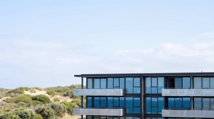 Naklejka premium Modern Coastal Apartment Building Exterior With Balconies And Copy Space