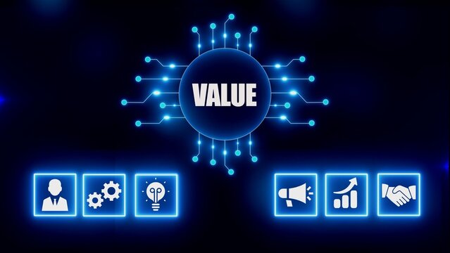 Blue circuit board with V A L U E text and business value
