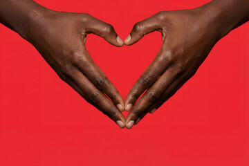 Obraz premium African American hands making a heart gesture with hands on red background. Banner template of love, care with copy space. Symbol of affection for Valentines Day or Mothers Day greeting card.
