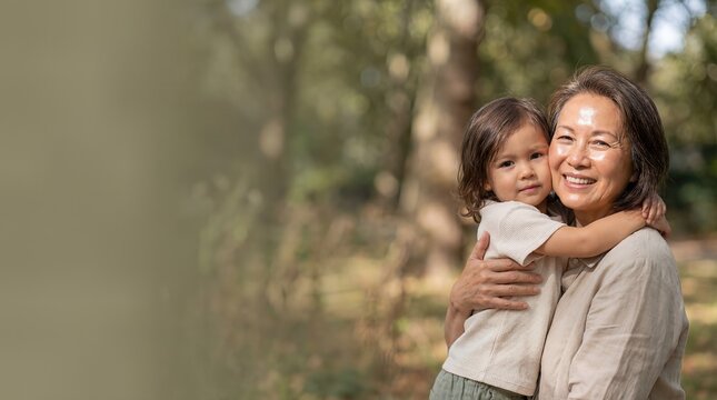 Smiling Asian Grandmother Hugging Granddaughter Outdoors with Copy Space