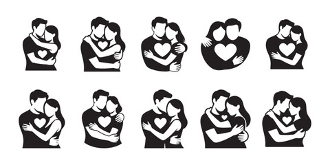Romantic Couple Hug Silhouette Set. Love, Affection and Relationship Icons