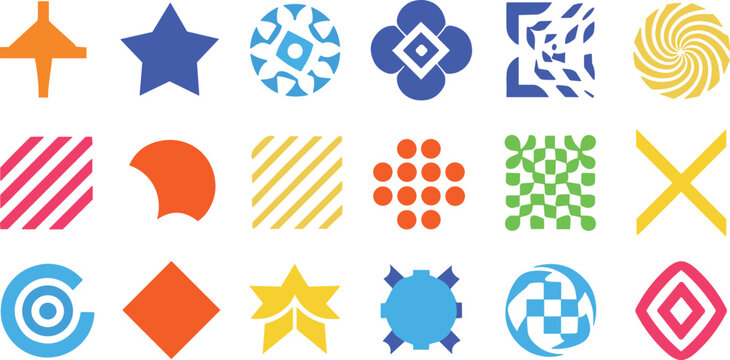 Colorful geometric abstract shapes, vibrant symmetrical patterns, modern design elements, creative visual motifs, decorative icons, artistic vector composition