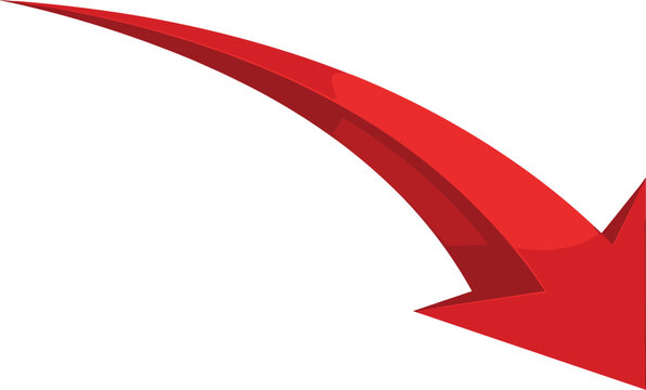Curved red arrow vector illustration, dynamic downward motion, bold gradient style, attention direction symbol for web, print, or presentation use