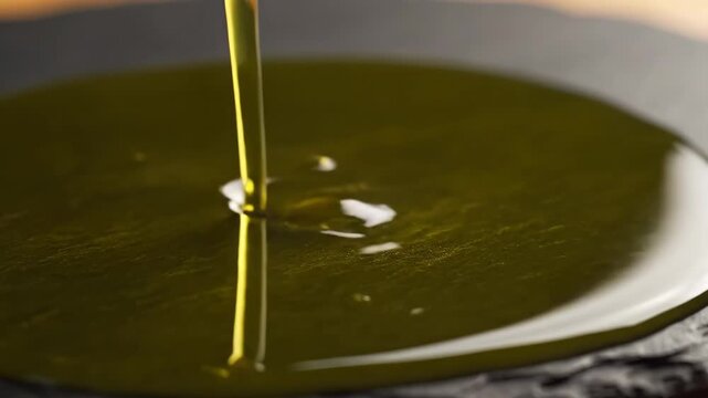 Close up view of natural virgin olive oil pouring onto a dark textured background surface