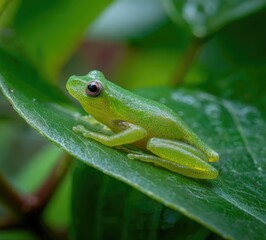 Obraz premium Tiny, vibrant green frog perched on lush green leaf