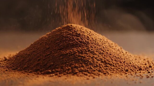 Aromatic dark brown cocoa powder gracefully falling onto a textured mound forming a delicious heap