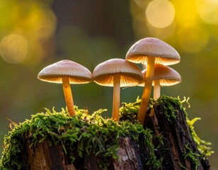 Fototapeta premium Four small mushrooms glow from behind, sprouting from a mossy stump in a vibrant forest. Golden sunlight filters through