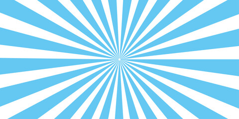 An abstract blue sunburst background featuring a vintage radial pattern of retro light rays and yellow stripes in a textured vector illustration design