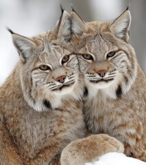 Obraz premium Two bobcats close together in winter