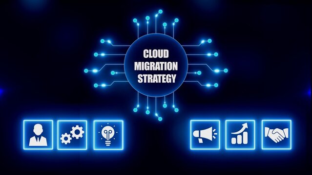 Cloud migration strategy concept with glowing blue circuit board and business technology