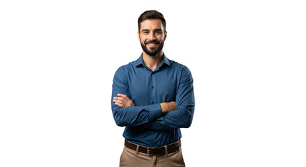 A confident man standing with his arms crossed on transparent background