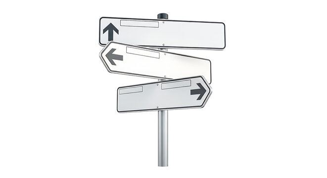 A set of blank directional signs on a pole against a black background on transparent background