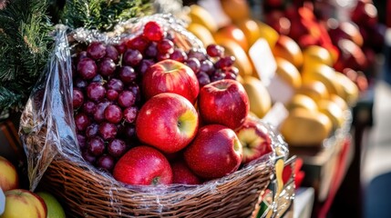 A basket filled with fresh red apples and grapes in a bright display