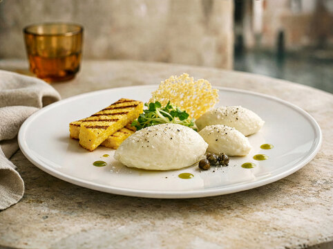 Baccalà Mantecato Nocken mit gegrillter Polenta, Kapern und Parmesanchip