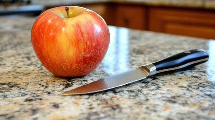 A red apple beside a shiny knife on a granite countertop