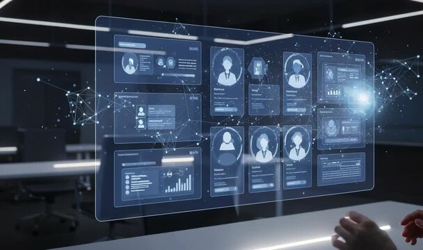 Exploring a futuristic digital interface with hands interacting on holographic screens